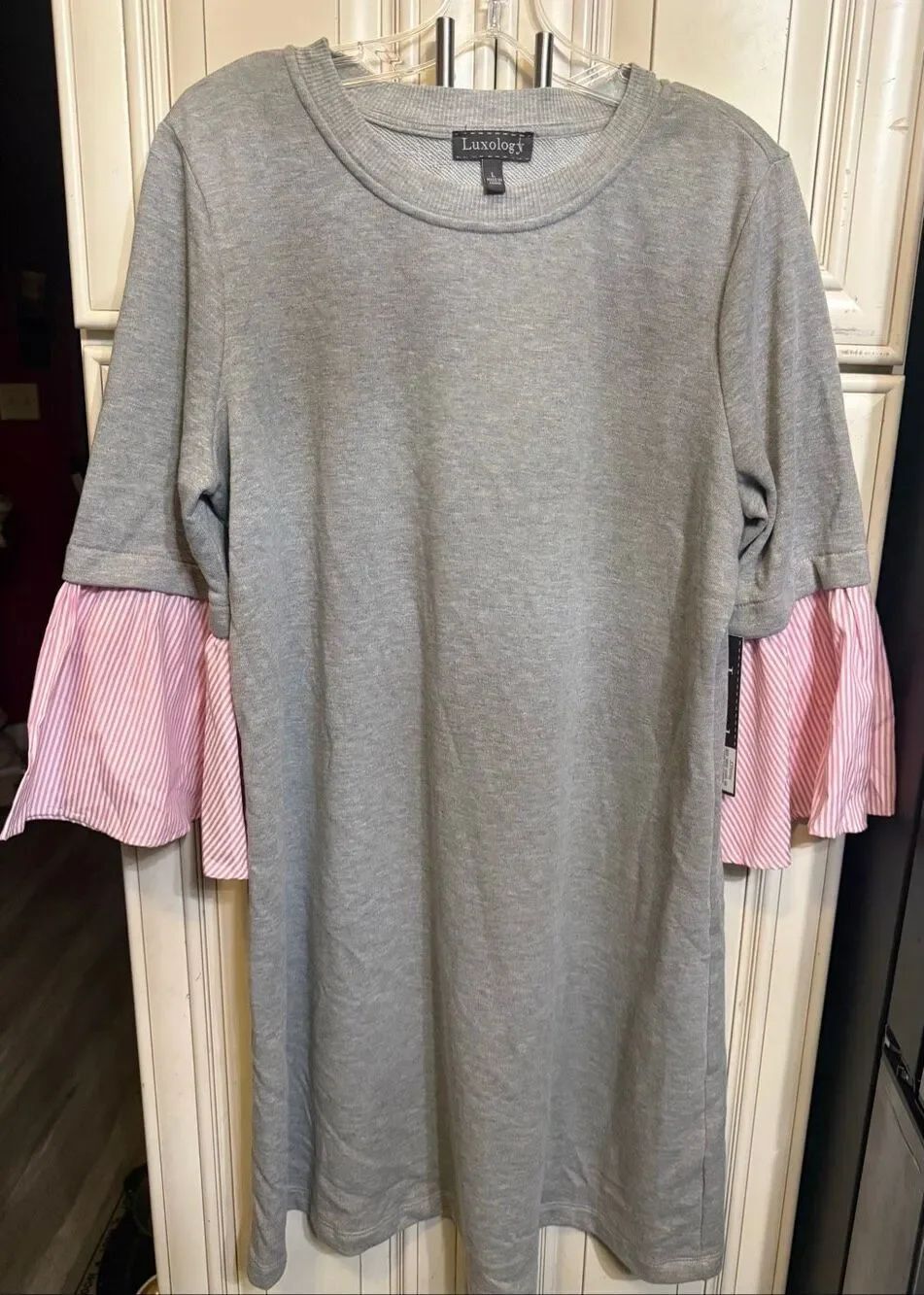 Luxology Heather Striped 3/4 Bell Sleeve Sweater Dress Gray Pink Large NWT